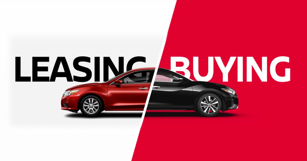Graphic showing 2 cars demonstrating Leasing VS buying